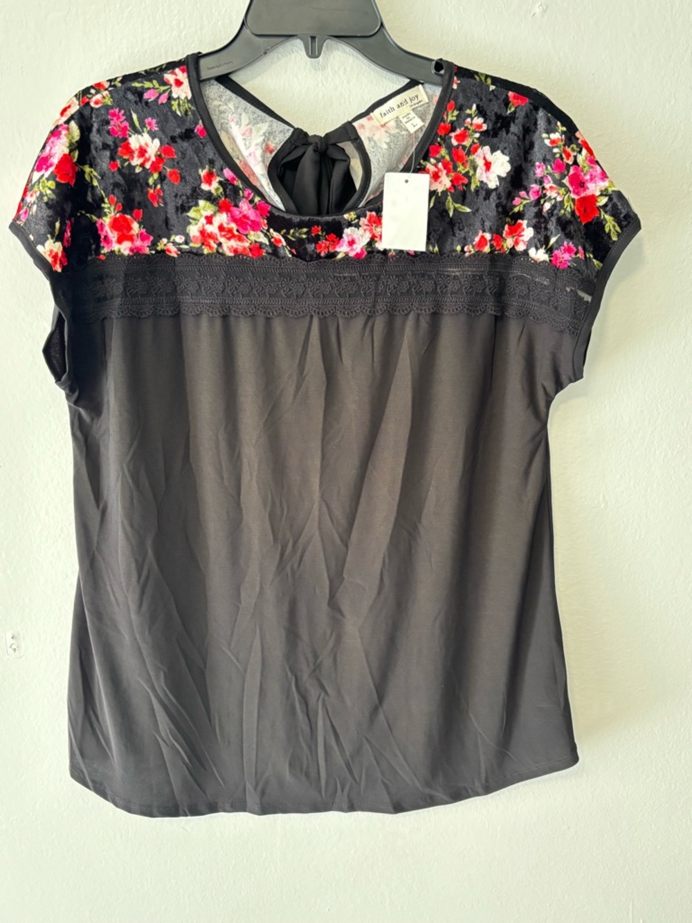 Faith and Joy Black Top with Pink and Red Floral Yoke